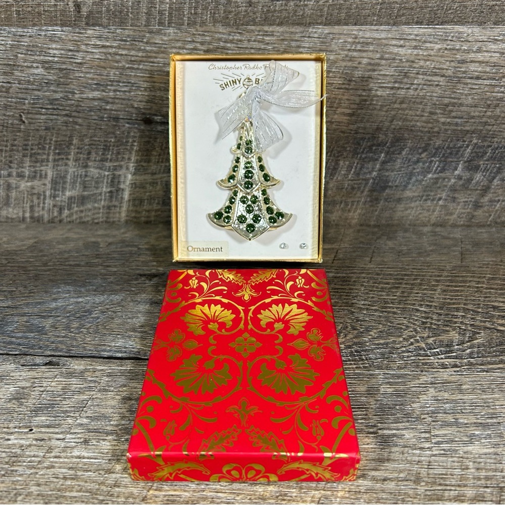 Christopher Radko Shiny Brite Silver Tone Christmas Tree Ornament & Earrings Set